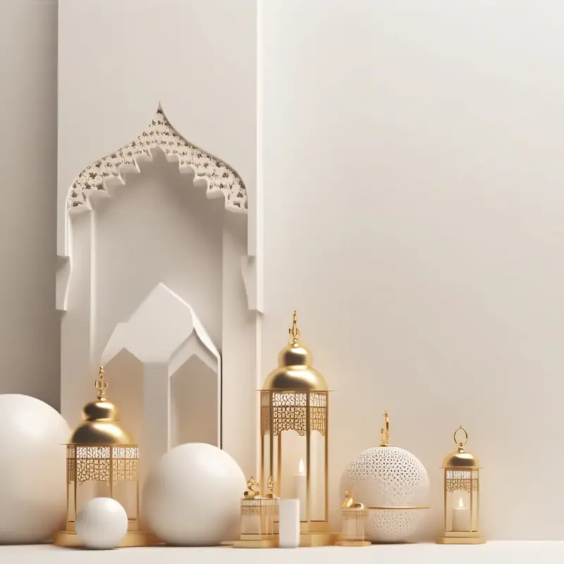  دعاء اليوم 20 من شهر رمضان المبارك- دعاء، عبارات و تهنئة مع صور, زخرفة إسلامية أنيقة تتميز بفوانيس ذهبية وزخارف هندسية على خلفية مع تصميم قوس تقليدي لجو هادئ وروحي.