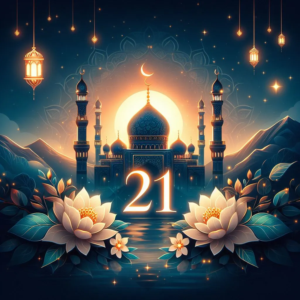 اليوم 21 من شهر رمضان – دعاء، عبارات و تهنئة مع صور, مشهد ليلي هادئ مع مسجد مزخرف وأزهار متفتحة مضاءة بفوانيس متوهجة، تحت سماء مضاءة بالنجوم مع عرض الرقم 21 بشكل بارز في المقدمة.