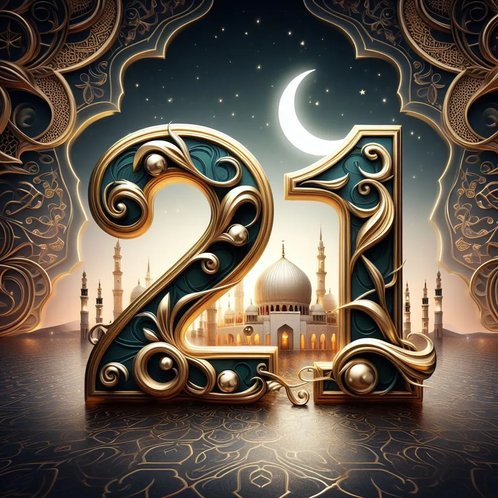 اليوم 21 من شهر رمضان – دعاء، عبارات و تهنئة مع صور, رقم 21 منمق مع أنماط ذهبية متقنة على خلفية منظر ليلي خيالي يظهر هلالًا ومسجدًا مزخرفًا.