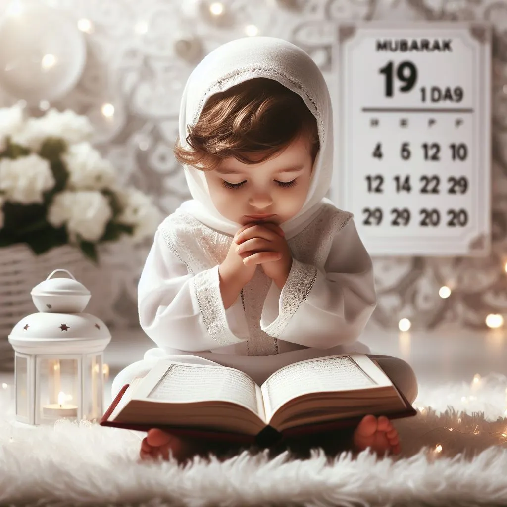 اليوم 19 من رمضان | عبارات، دعاء، كلام مع  صور 
, طفل يرتدي زيًا أبيض مع قلنسوة، وهو يؤدي صلاة مدروسة أو تأملًا، ويجلس أمام كتاب مفتوح، على خلفية مزينة بإضاءة ناعمة وتقويم إسلامي بمناسبة اليوم