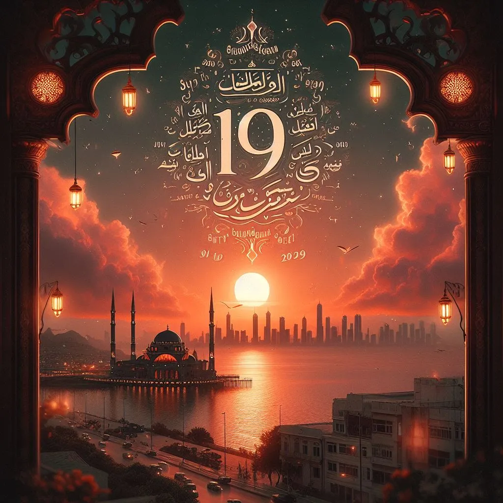 اليوم 19 من رمضان | عبارات، دعاء، كلام مع  صور 
, صورة مصممة بشكل فني تتضمن الخط العربي الذي يقرأ "اليوم 19 من رمضان" في مواجهة أفق غروب الشمس الساحر، حيث تمزج بين العمارة الإسلامية التقليدية ومدينة المدينة الحديثة