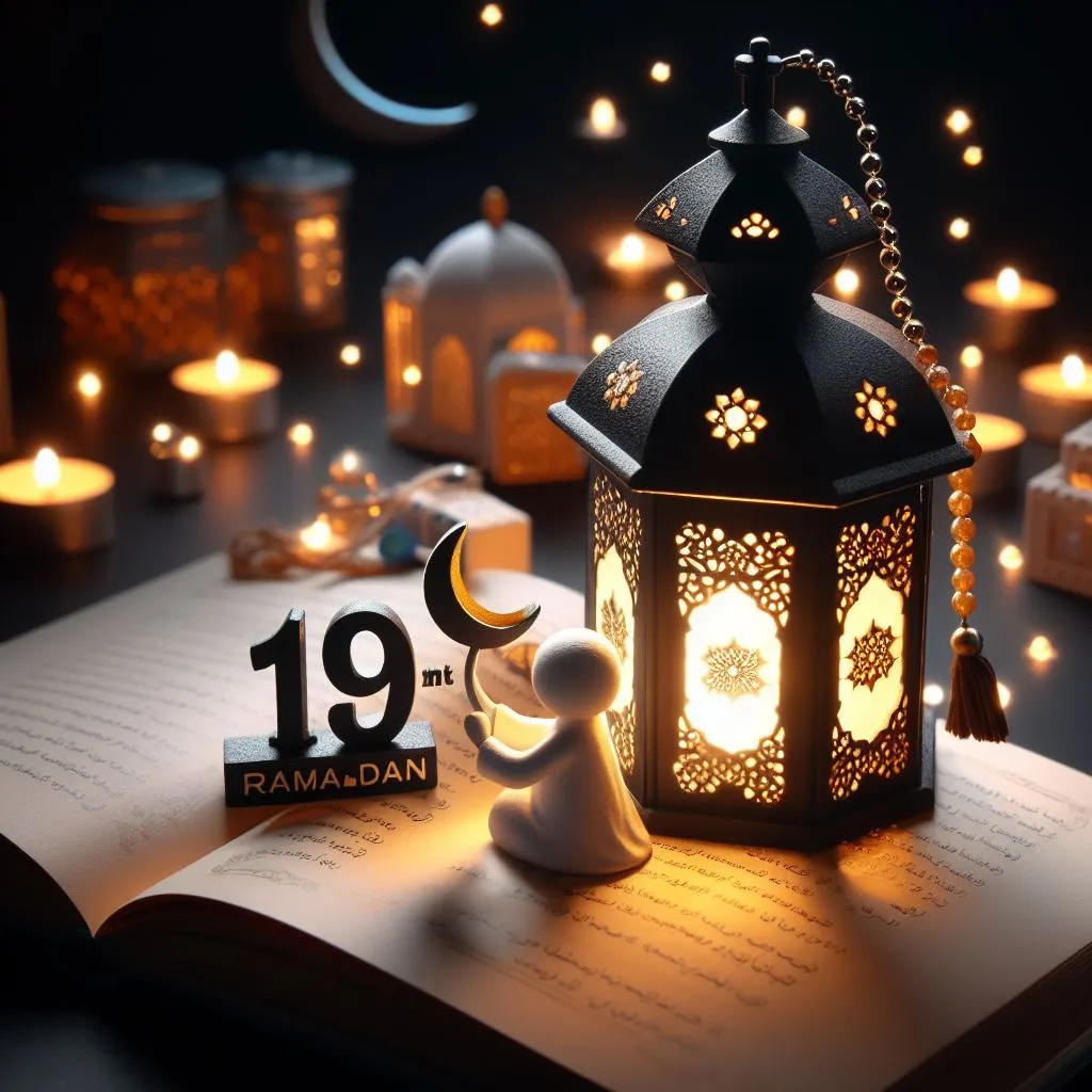اليوم 19 من رمضان | عبارات، دعاء، كلام مع  صور 
, ليلة رمضانية هادئة مع فانوس مضاء بشكل جميل يلقي أنماطًا من الضوء، وكتاب ربما يدل على القرآن، وشخصية صغيرة في الصلاة، محاطة بشموع متوهجة وهلال، علامة